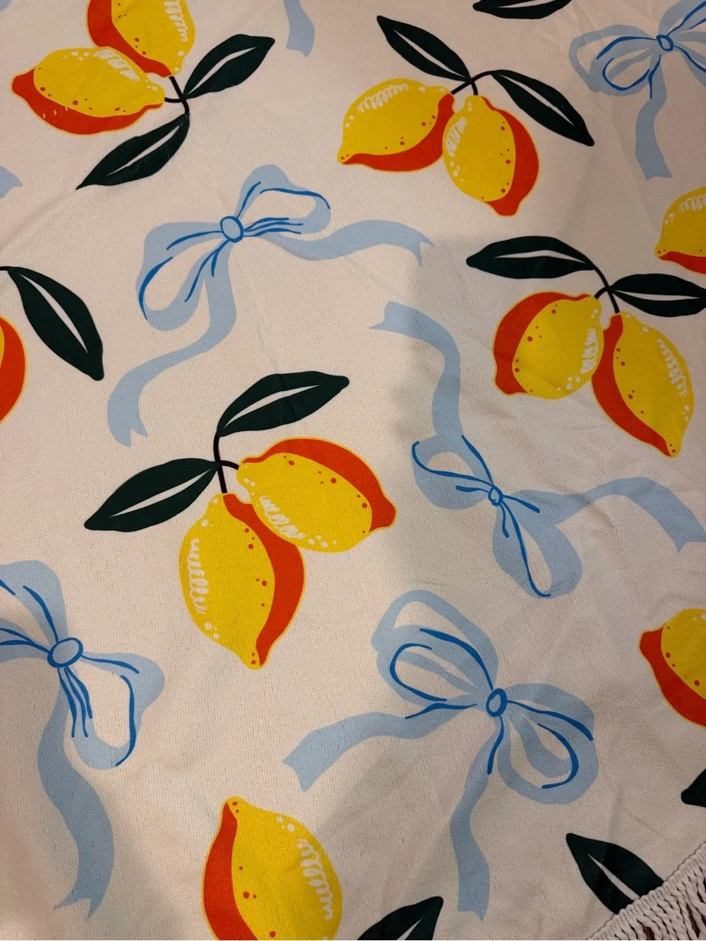 56” Round lemon/ Bow Print Fringe Beach Towel/ Blanket - NWOT